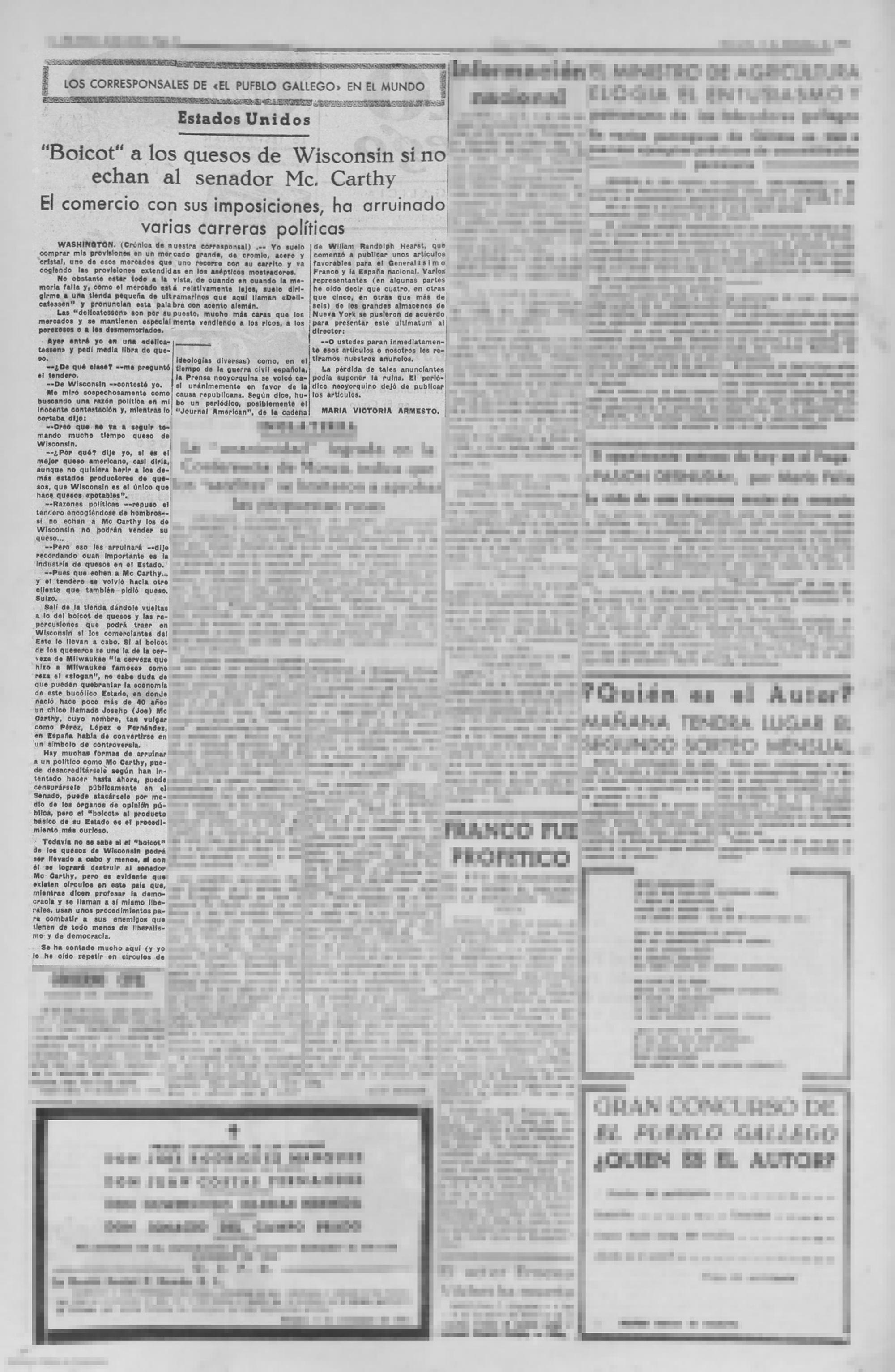 El Pueblo Gallego 1954 - McCarthy boicot quesos Winsconsin