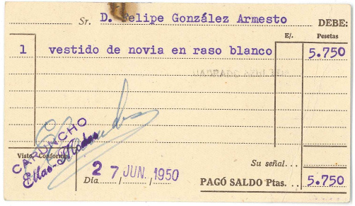 27/06/1950 - Recibo vestido de novia (Caruncho) - Material cedido por la Fundación Barrie.